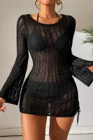 Black Hollowout Knit Bell Sleeve Drawstring Short Black Cover up