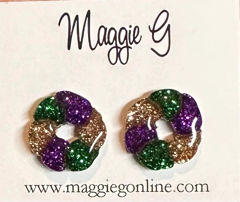 Mardi Gras King Cake Stud Earrings (Fine Glitter)