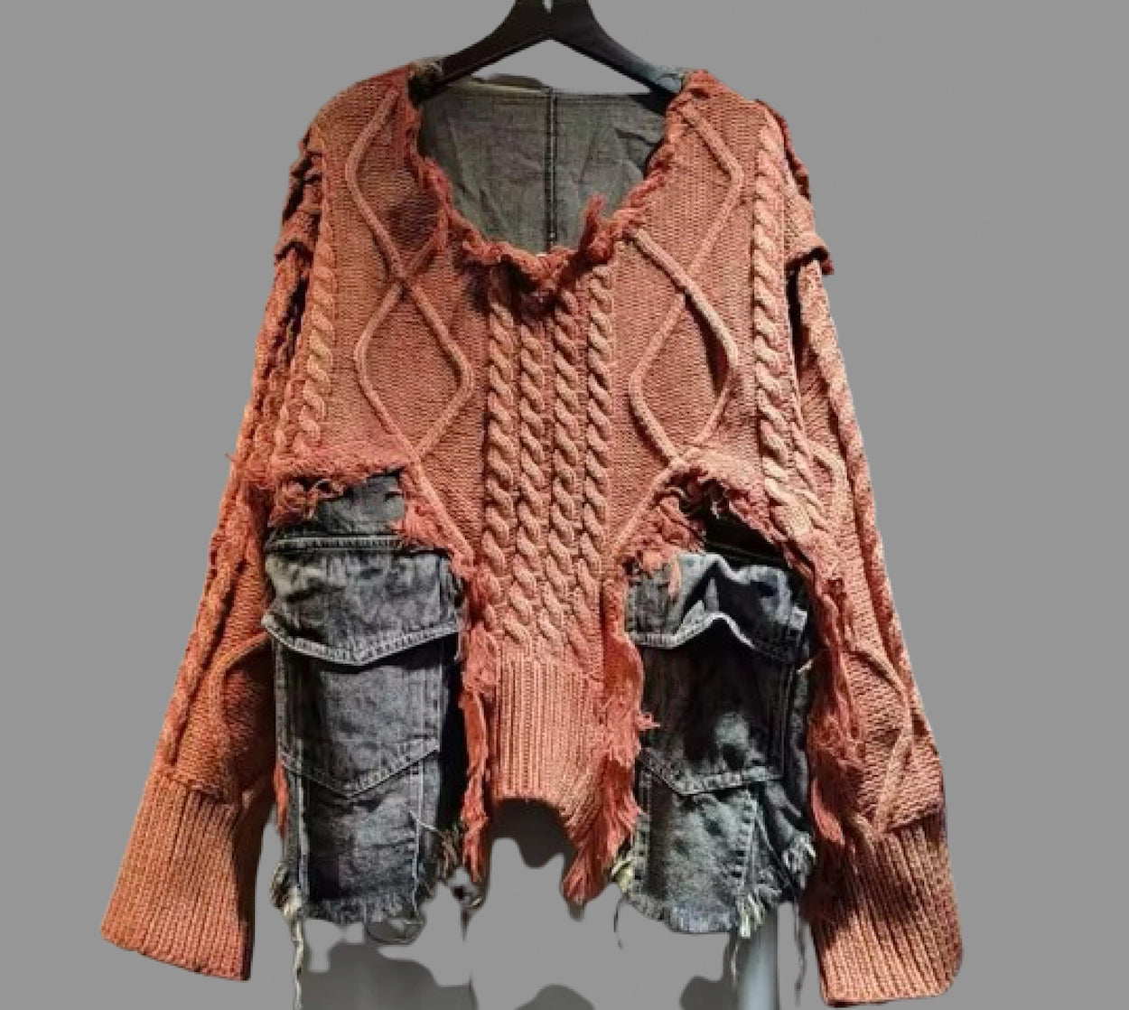 Textured Sweater with Denim Trim-Shacket one size fits most (Burnt Orange)