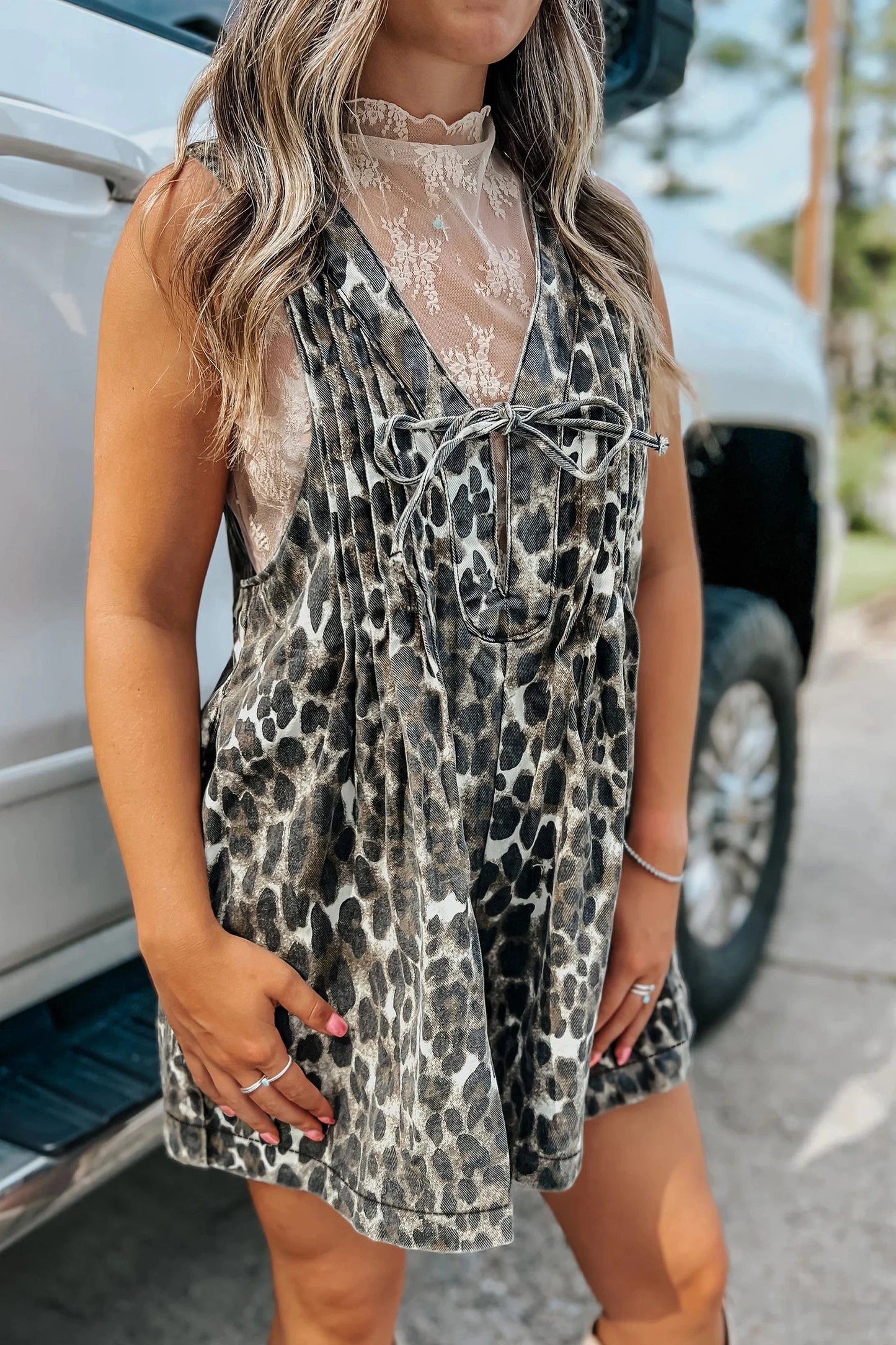Mineral Wash Leopard print Pleated Bust V Neck Sleeveless Denim Romper