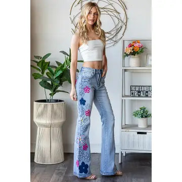 Washed Flower Embroidery Denim Jeans