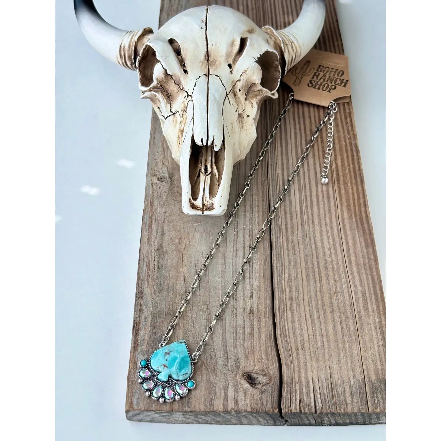 Spade Turquoise Stone Rhinestone Pendant Necklace