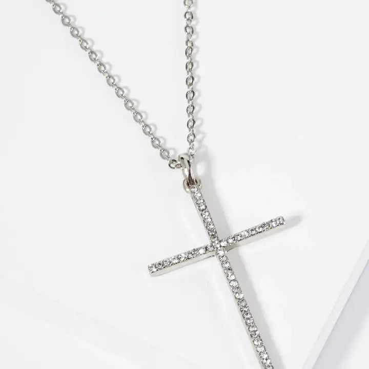 Micro Pave Set Rhinestone Cross Pendant Necklace