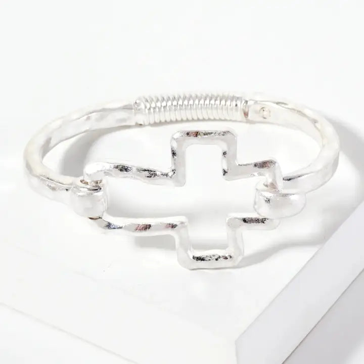 Hammered Metal Cross Hook Clasp Hinged Bracelet