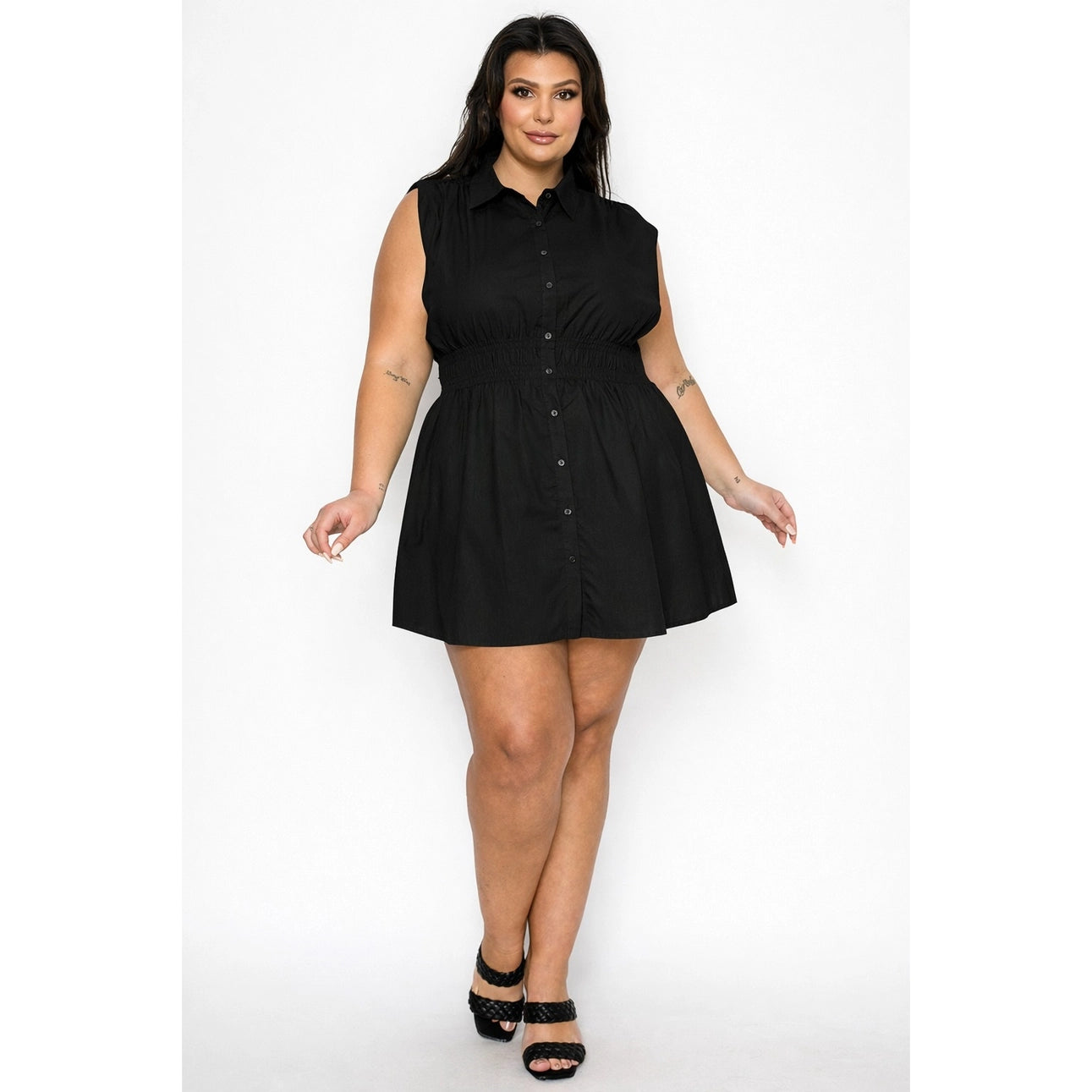 Plus Size Collared Button Down Smock Waist Mini Dress