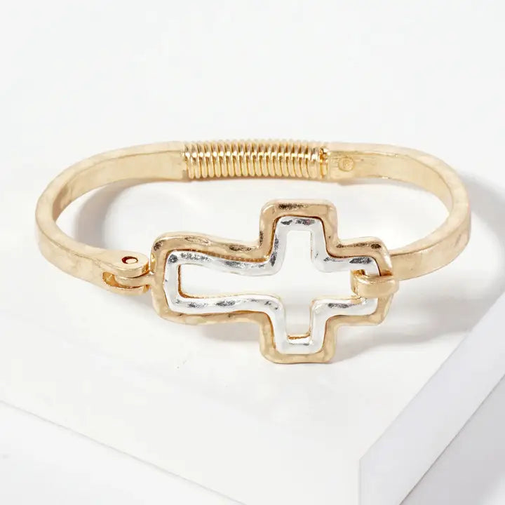 Hammered-Texture Metal Dual-Tone Cross-Shaped Hook-Clasp Hinged Bracelet