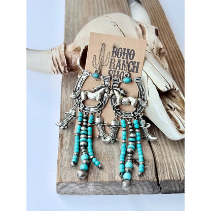 Western Statement Horseshoe Stone Dangle Drop Earrings