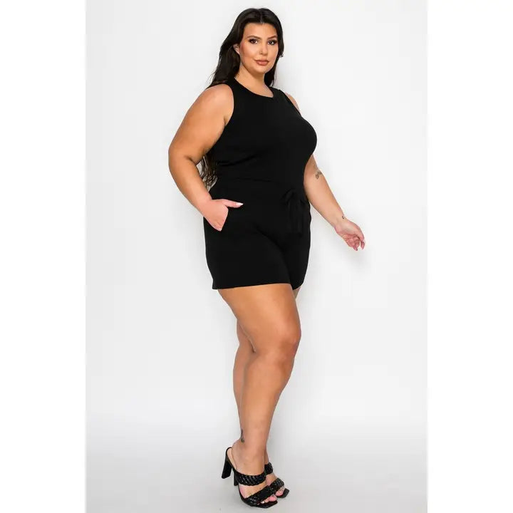 Plus Size Drawstring Waist Tank Romper