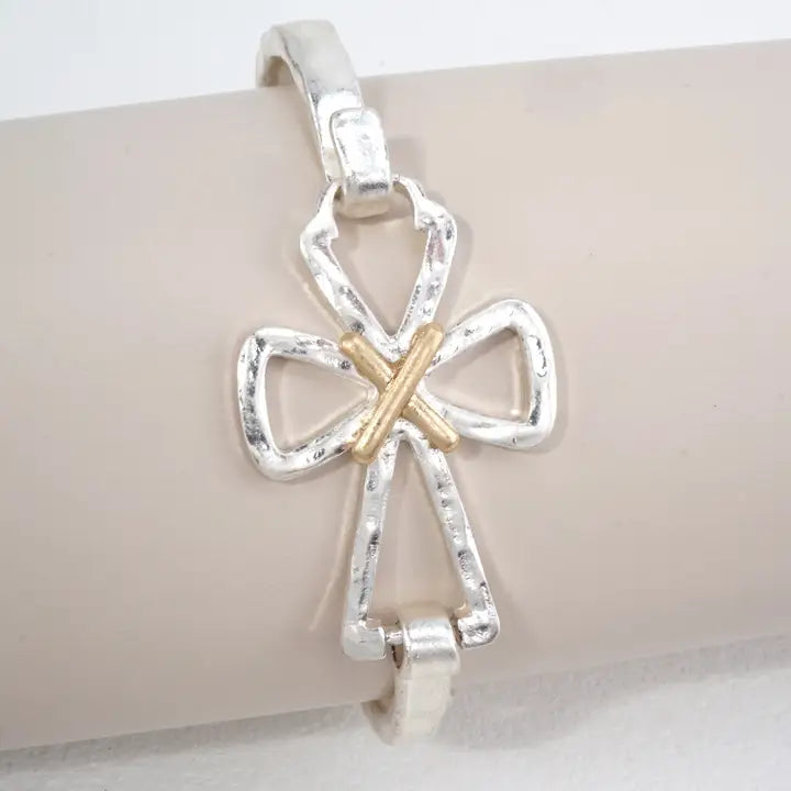 Hammered Cross Hook Closure Cuff Bracelet