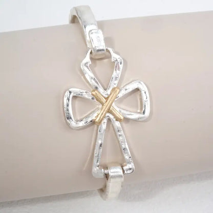 Hammered Cross Hook Closure Cuff Bracelet
