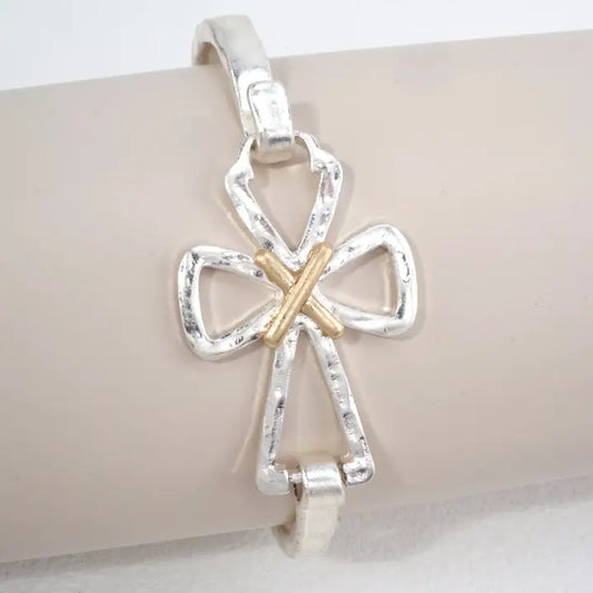 Hammered Cross Hook Closure Cuff Bracelet