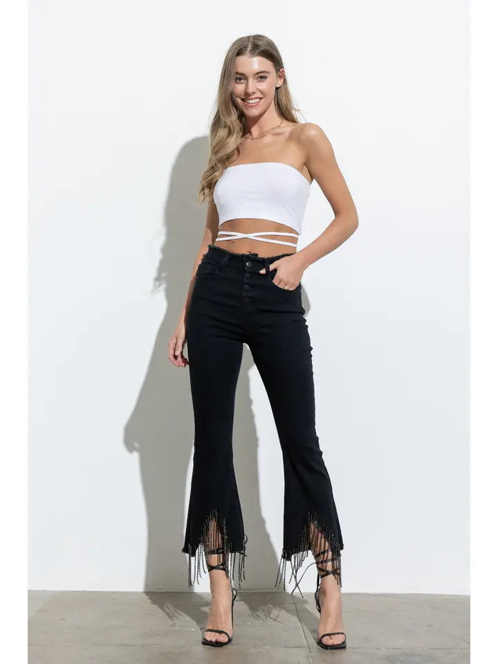 Rhinestone Fringe Denim Pants (Black)