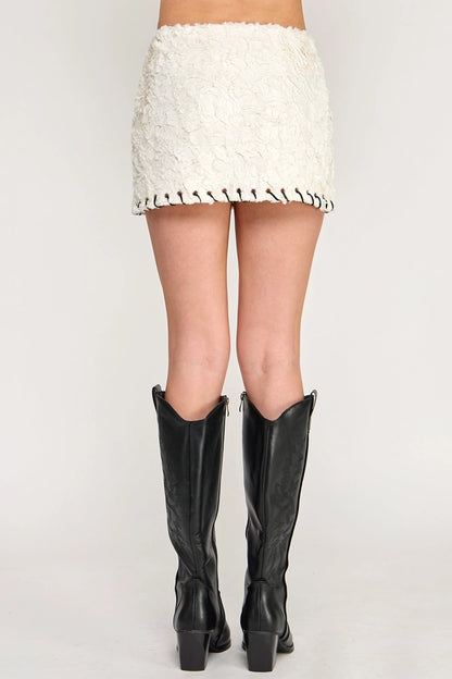 Feather Mini Skirt - Suede Fur Whipstitch Mid Waist  (Runs Small)