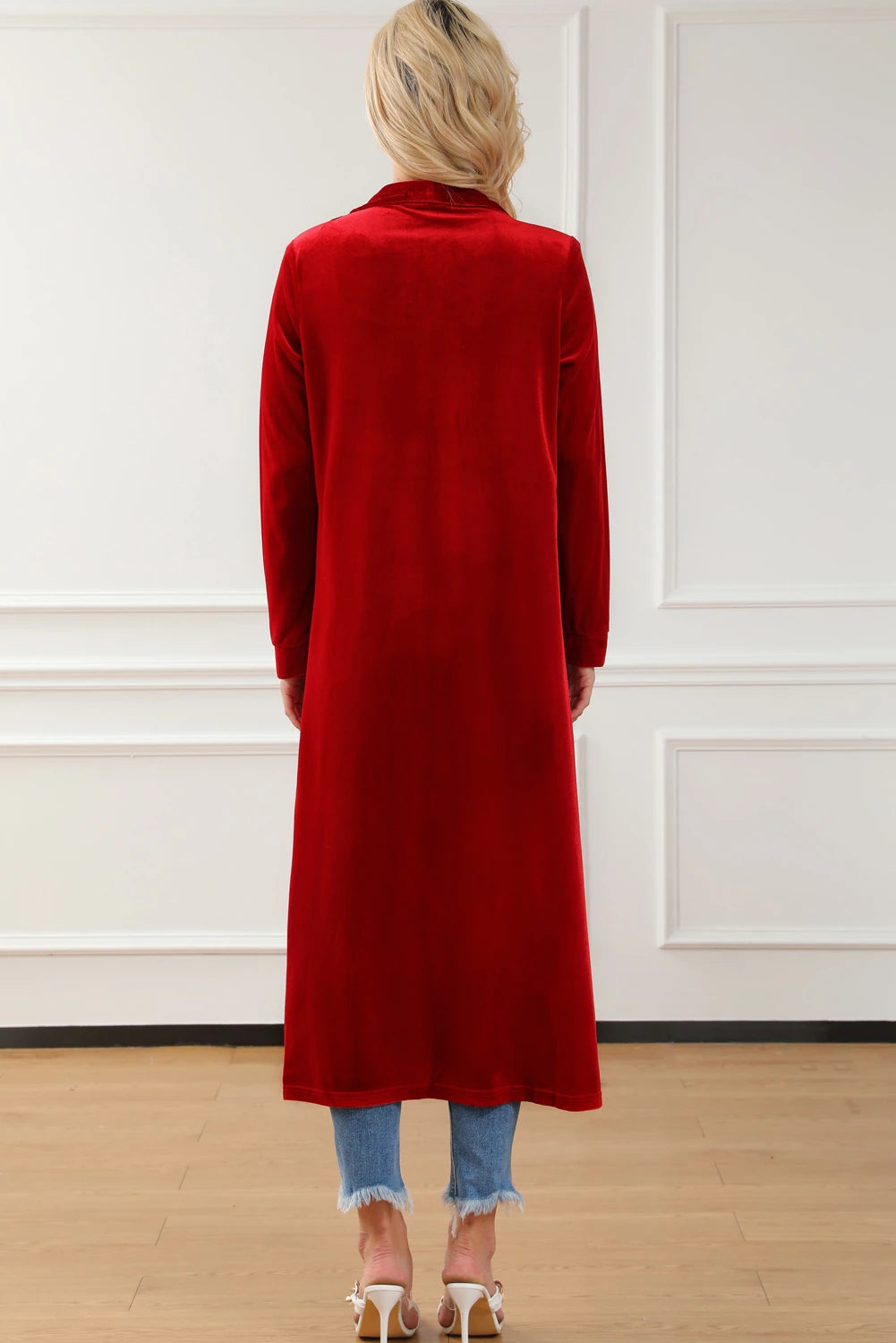 Fiery Red Velvet Open Front Pocketed Long Duster