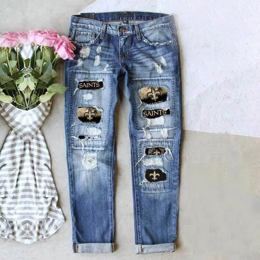 Casual Nine-Point Pants Women with Holes and Prints Saints