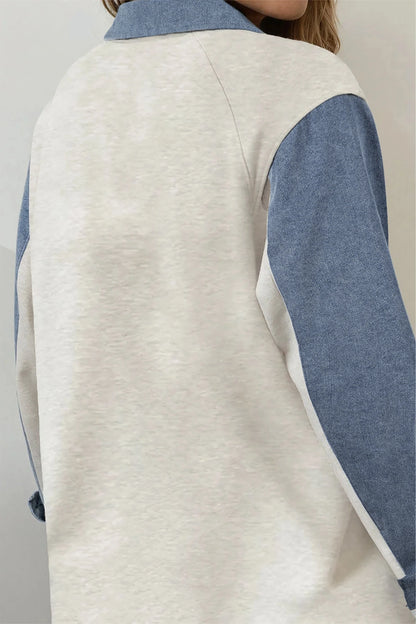 Light Grey Denim Patchwork Buttoned Polo Collar Long Sleeve Top