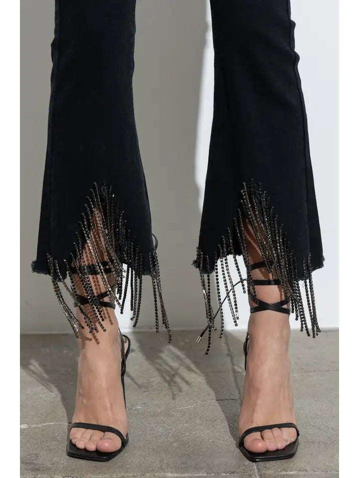 Rhinestone Fringe Denim Pants (Black)