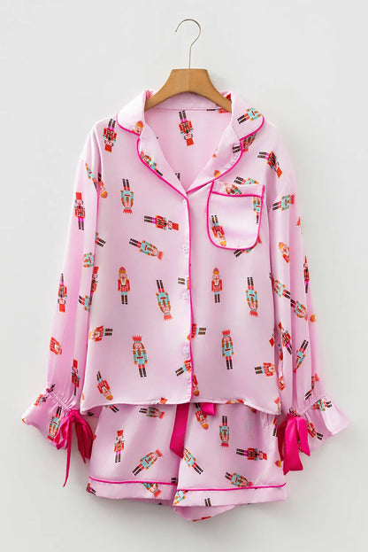 Pink Nutcracker Print Contrast Trim Tied up Bow Silky 2pcs Pajama Set