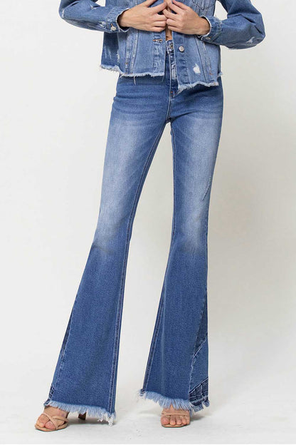 High Rise Side Panel Frayed Hem Super Flare Jeans (Vervet-Bella)