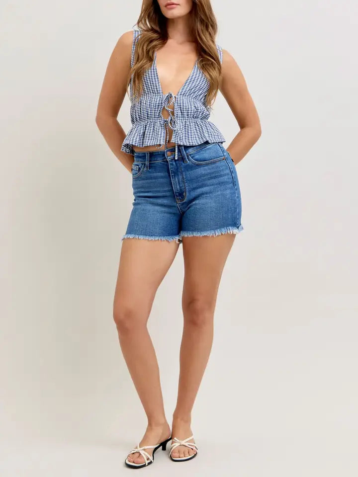 Judy Blue High Waist Dark Wash Slim Fray Shorts