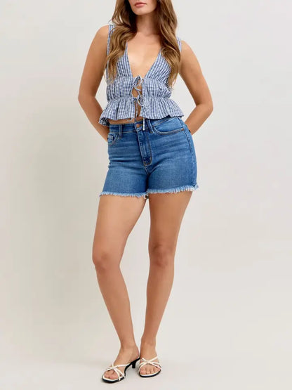 Judy Blue High Waist Dark Wash Slim Fray Shorts
