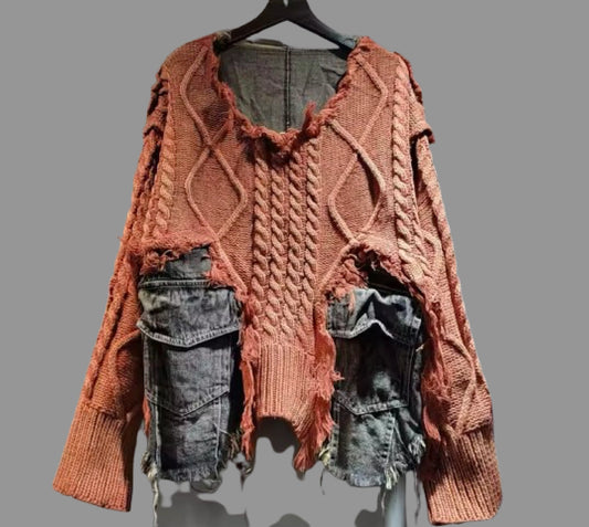 Textured Sweater with Denim Trim-Shacket one size fits most  (Burnt Orange)