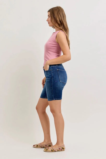 Judy Blue Mid Rise Dark Wash Bermuda Shorts