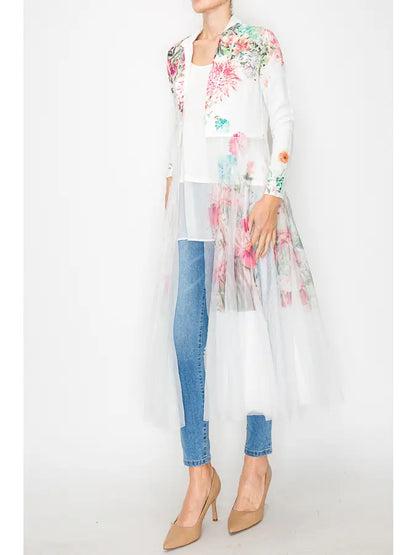 Chic Contrast Longline Blazer Jacket with Mesh Tulle Panel - 4773IV Rose