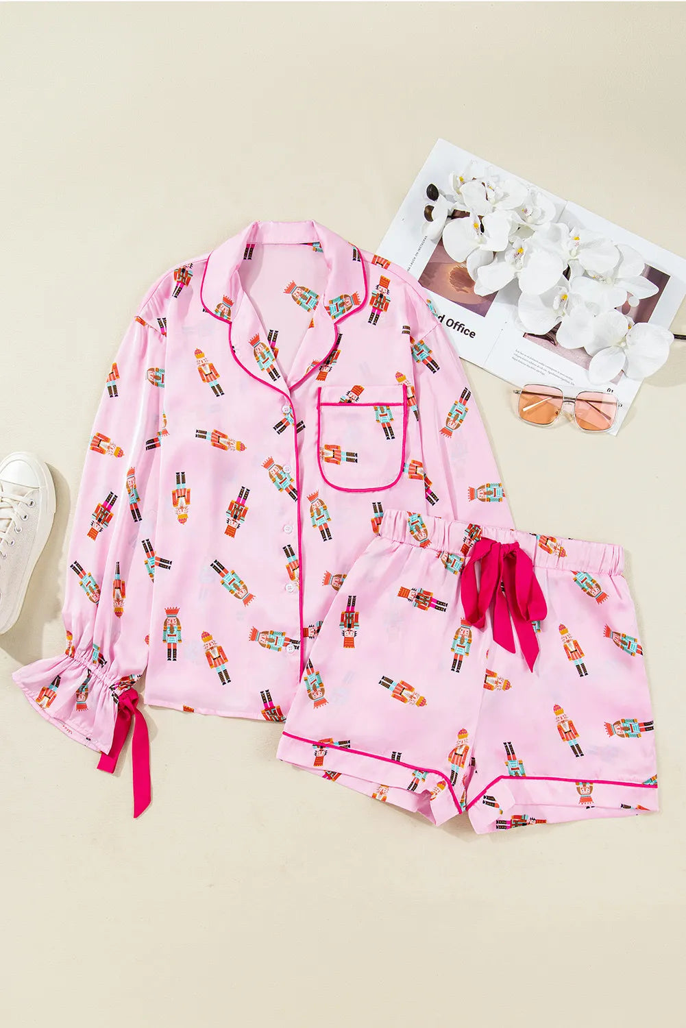 Pink Nutcracker Print Contrast Trim Tied up Bow Silky 2pcs Pajama Set