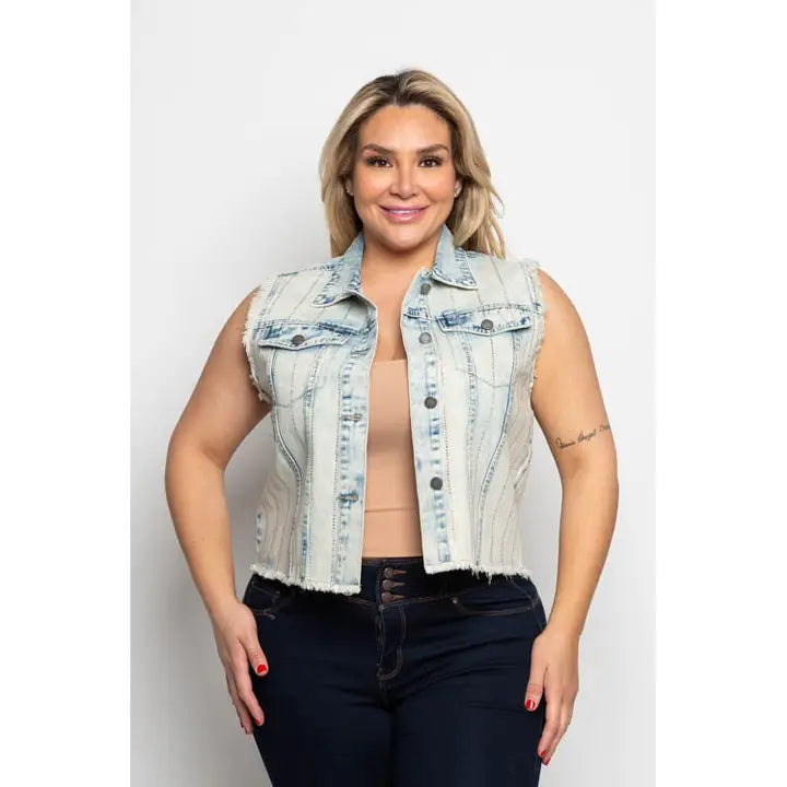 Plus Size Cropped Distressed Rhinestone Denim Vest