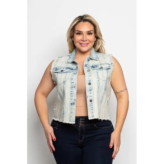 Plus Size Cropped Distressed Rhinestone Denim Vest