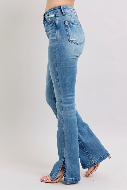 Judy Blue High High Waist Tummy Control Vintage Wash Side Slit Bootcut, Inseam 32"