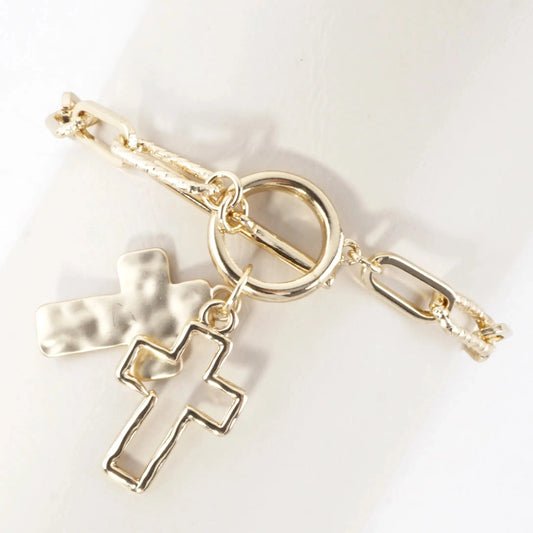 Hammered Cross Cluster Charm Toggle Bracelet