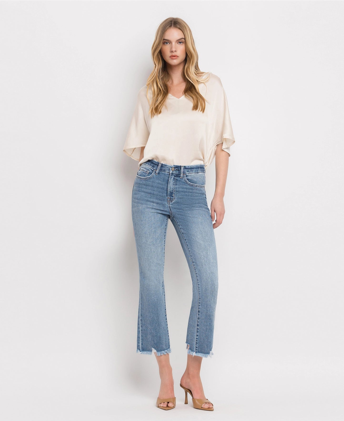 High Rise Frayed Hem Crop Flare Jeans (Vervet-BELLA)