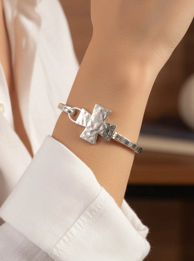 Solid Cross Hammered Bangle Cuff Bracelet