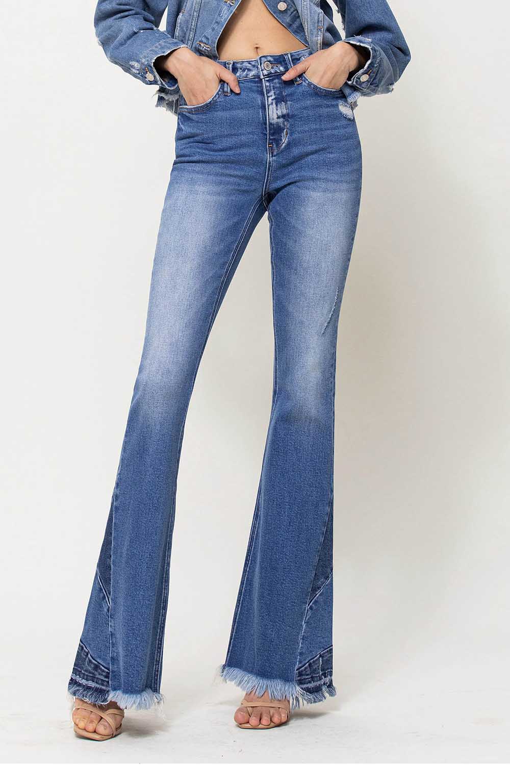 High Rise Side Panel Frayed Hem Super Flare Jeans (Vervet-Bella)