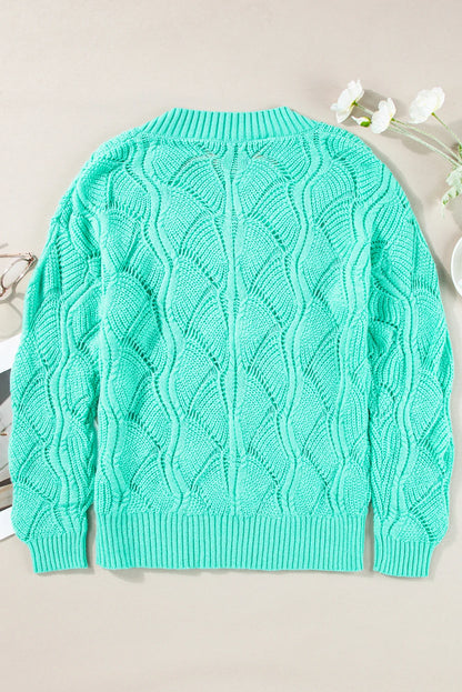Mint Green Hollow Out Knit V Neck Drop Shoulder Sweater