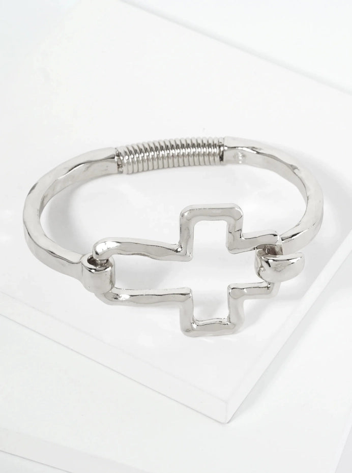 Hammered Metal Cross Hook Clasp Hinged Bracelet