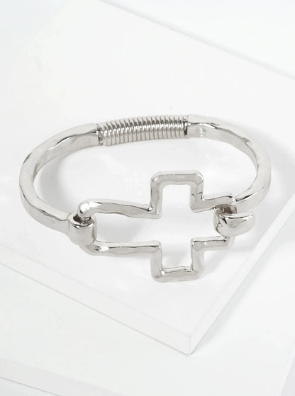 Hammered Metal Cross Hook Clasp Hinged Bracelet