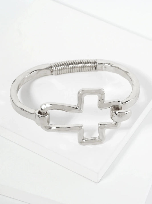 Hammered Metal Cross Hook Clasp Hinged Bracelet