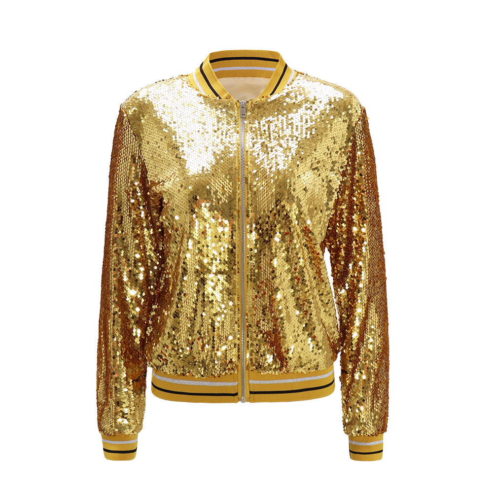 Striped Trim Party Sequin Bomber Jacket