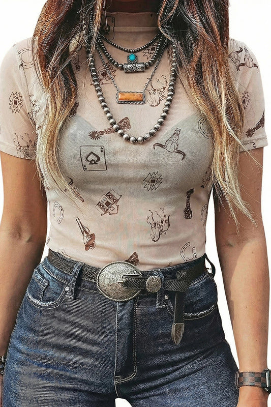 Oatmeal Retro Printed Mesh Short Sleeve Top