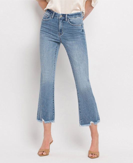High Rise Frayed Hem Crop Flare Jeans (Vervet-BELLA)