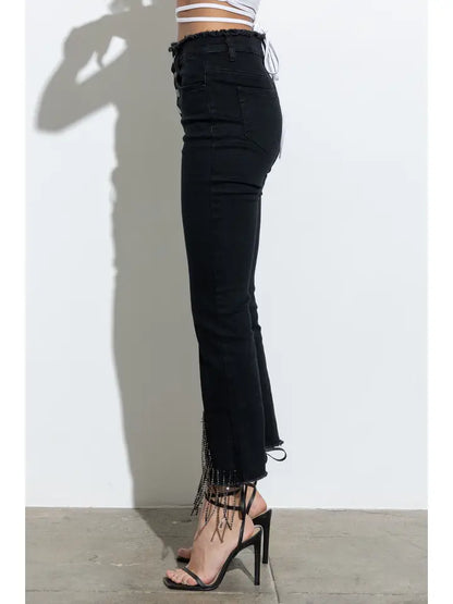 Rhinestone Fringe Denim Pants (Black)