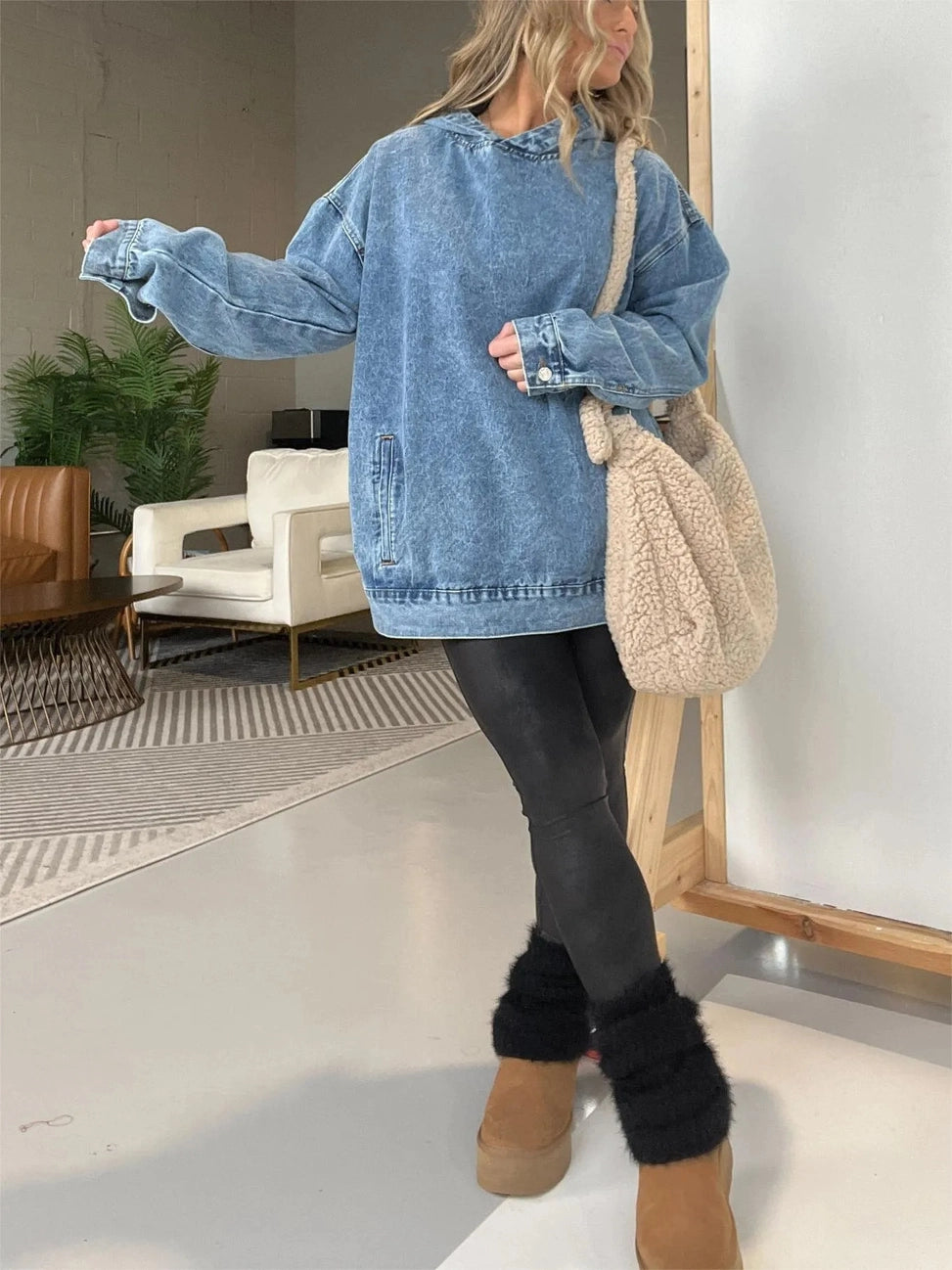 Vintage Washed Denim Pullover Hoodie