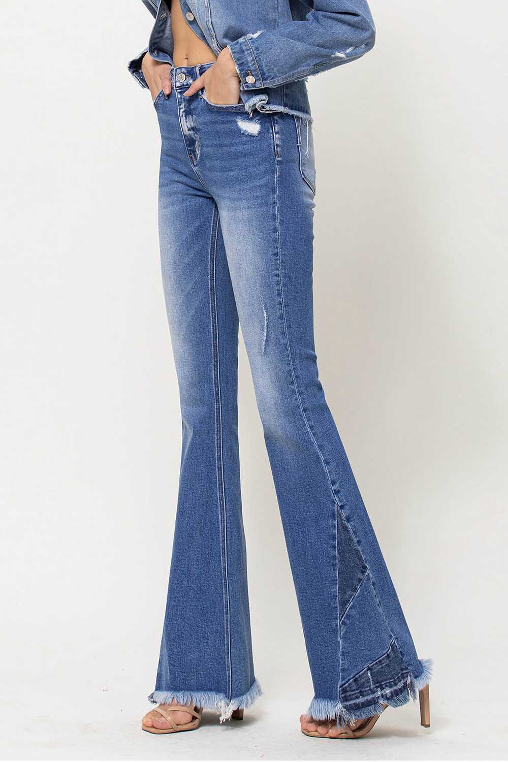 High Rise Side Panel Frayed Hem Super Flare Jeans (Vervet-Bella)