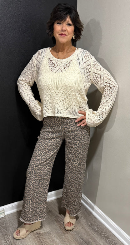 Brown leopard frayed edge, wide leg, high waist jeans
