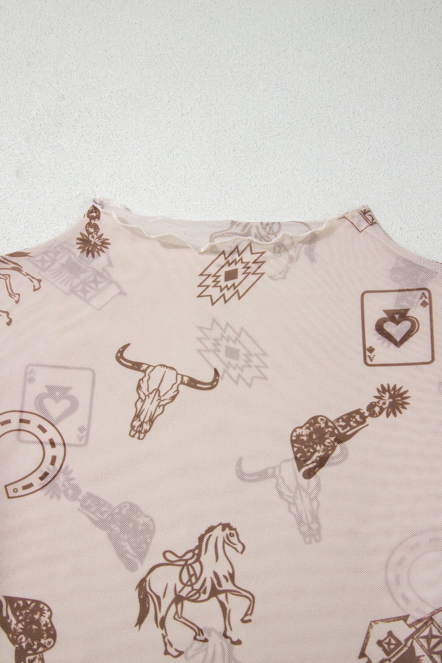 Oatmeal Western Print Slim Fit Mesh Long Sleeve Mock Neck Top