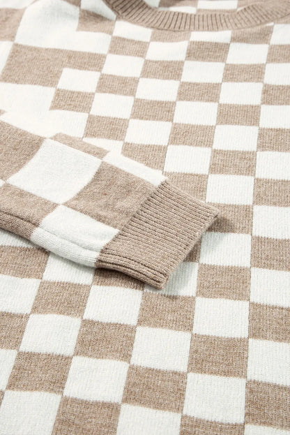 Khaki Checkered Print Drop Shoulder Round Neck Sweater