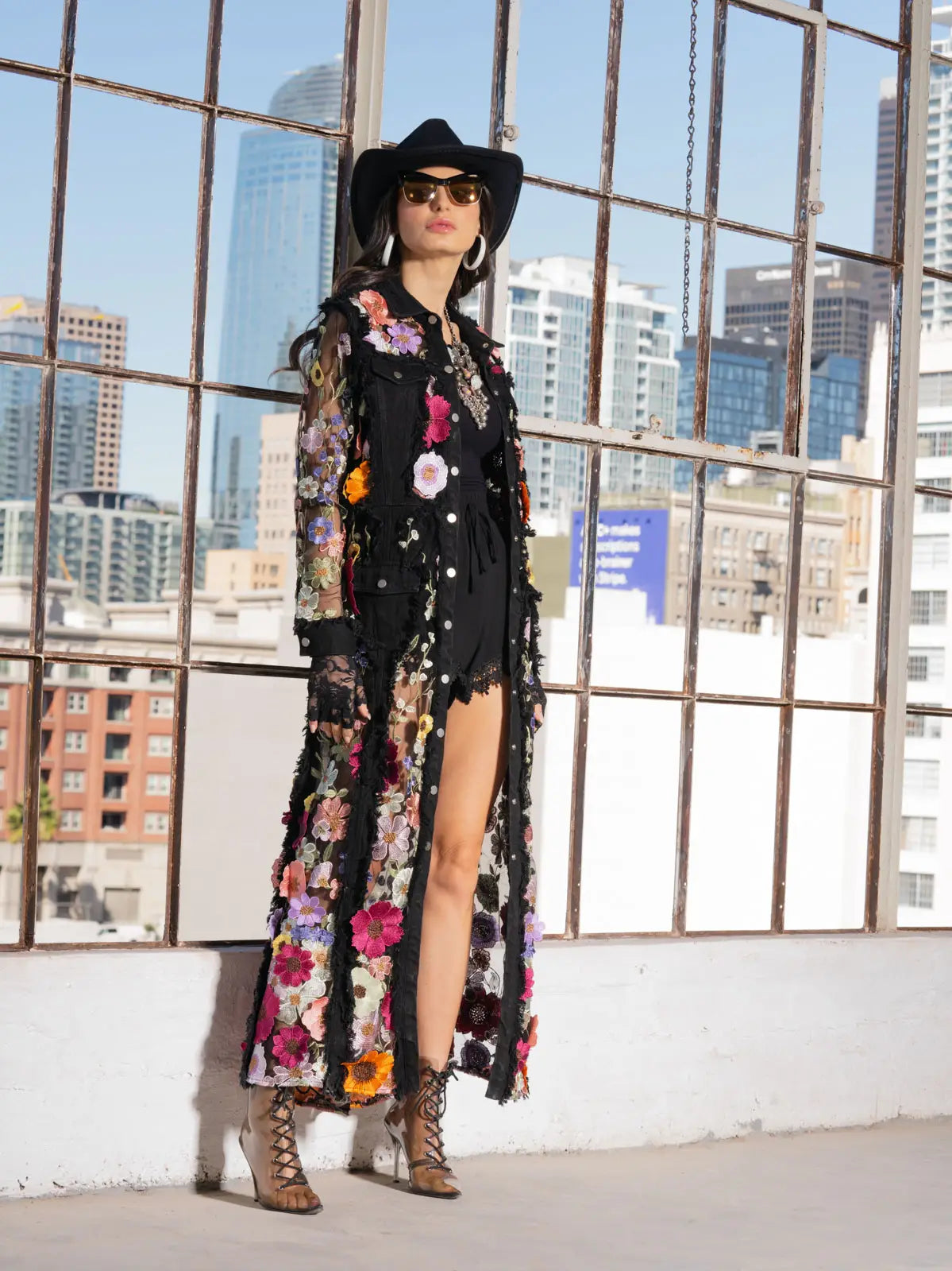 Long Denim Embroidered Duster Jacket